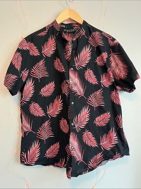Leaf-Print Short-Sleeve Button-Down Cotton Shirt